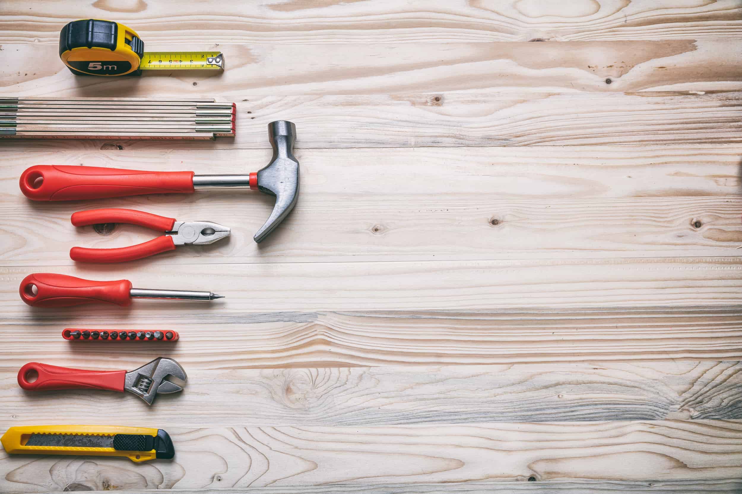 Hand Tools Set On Wooden Table, Copy Space