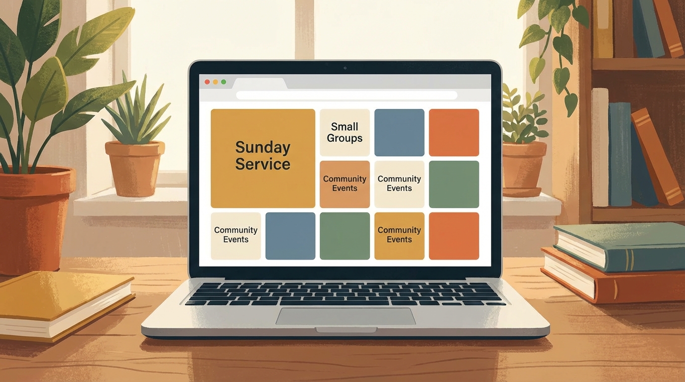 Church website events calendar with scheduled church activities