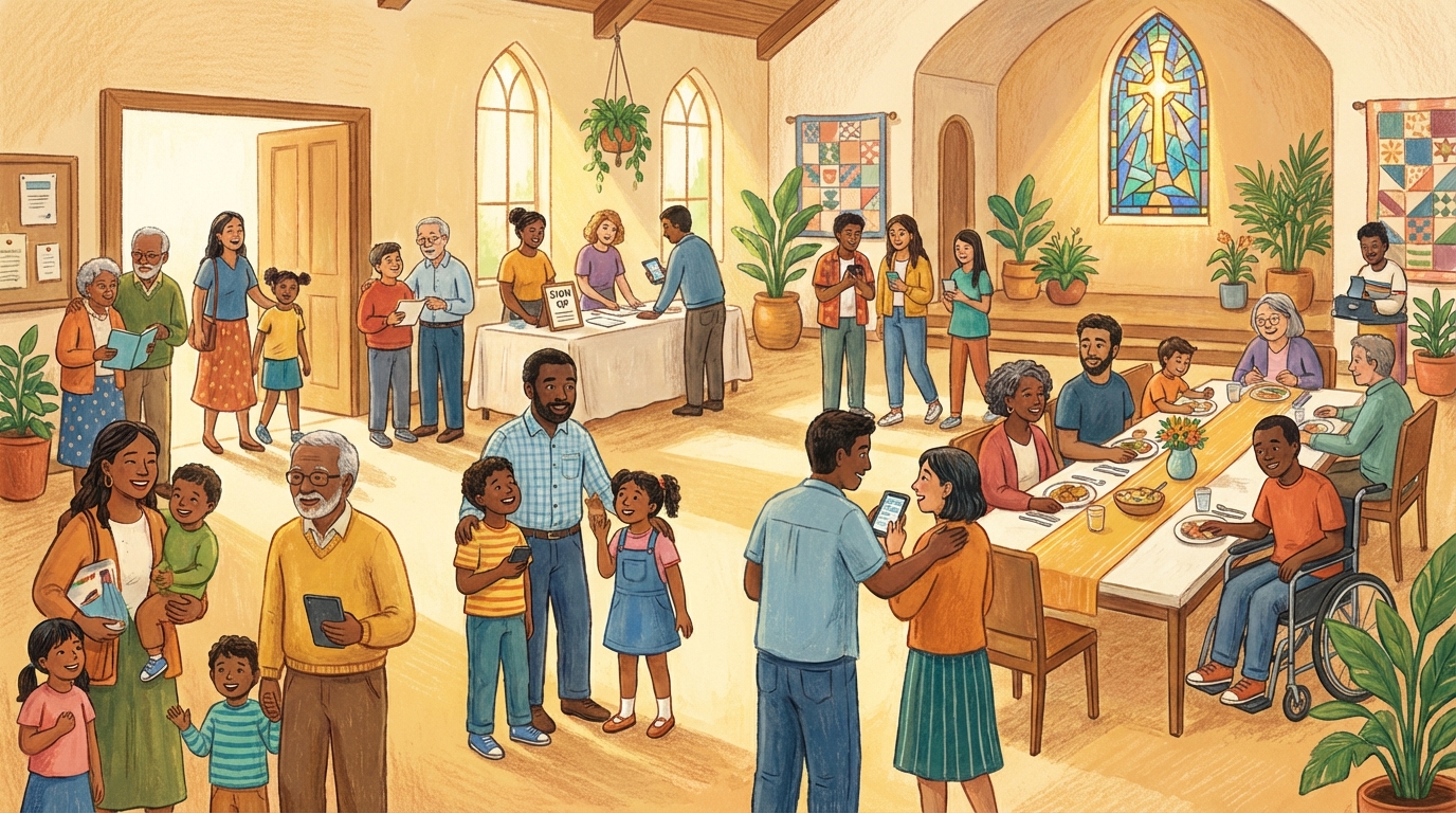 Diverse church community members actively engaging and connecting