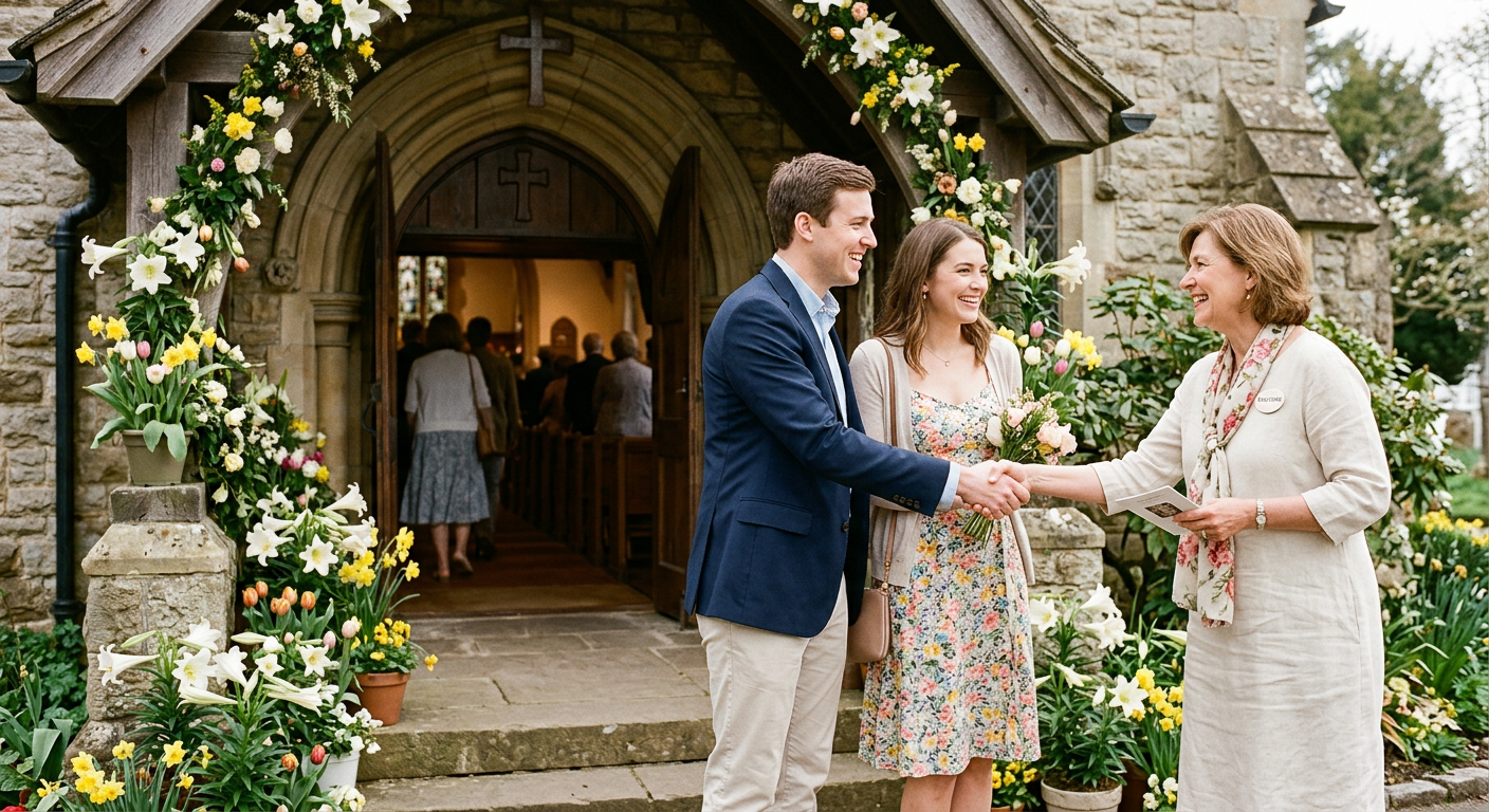 Church greeter warmly welcoming a couple at the entrance on Easter Sunday