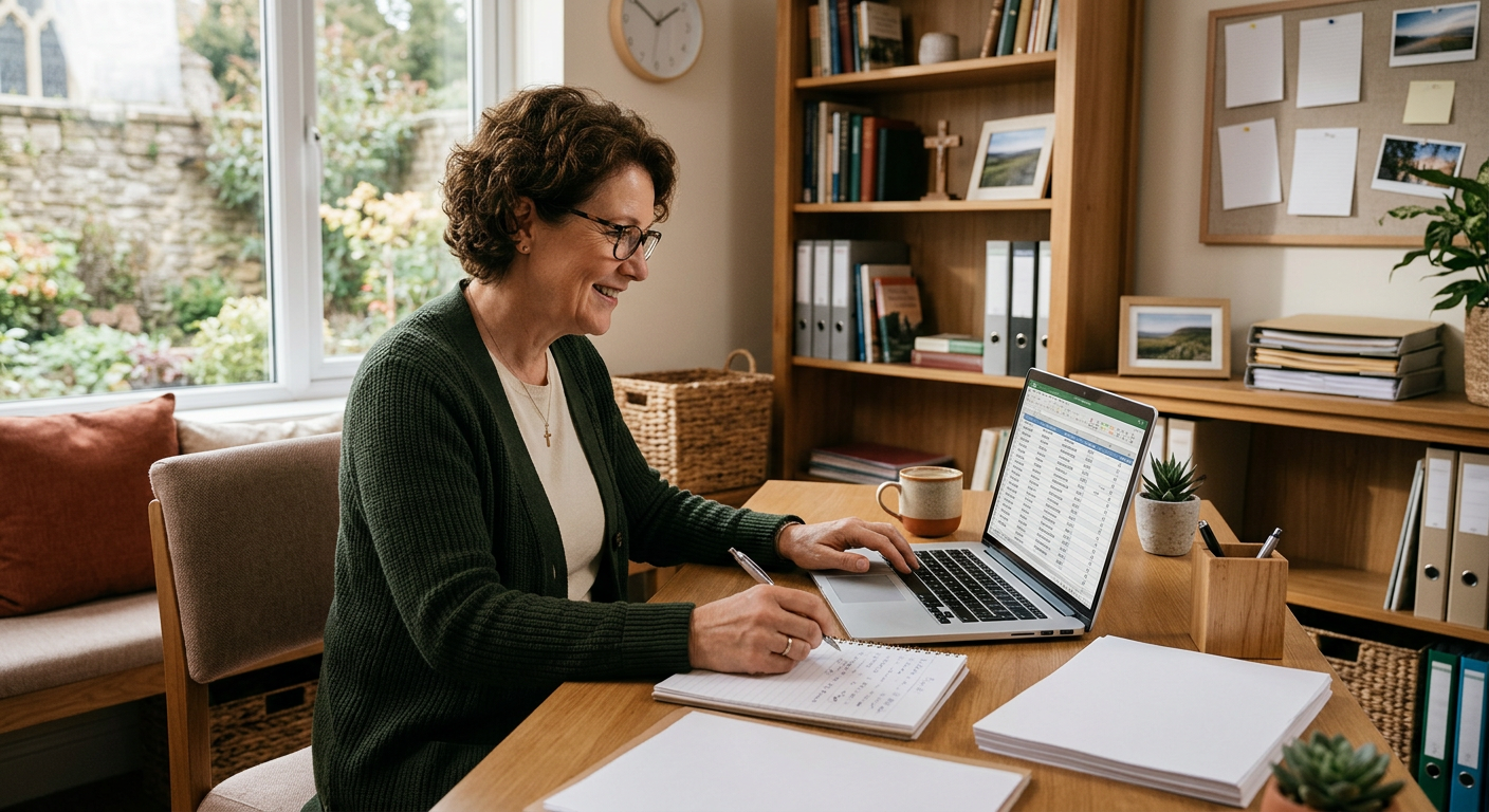 Church administrator reviewing member data in a church management system