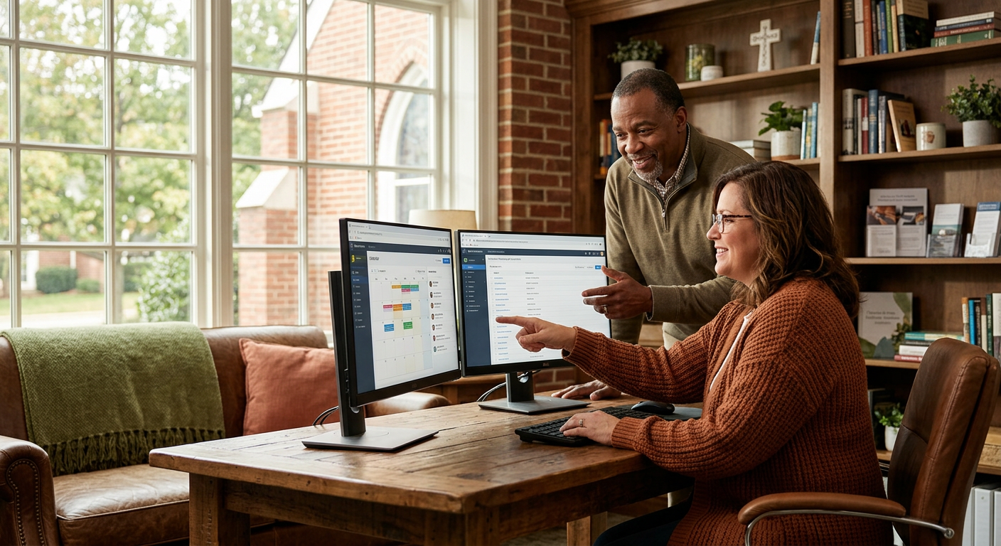 Pastor and administrator reviewing how their church website and ChMS tools work together