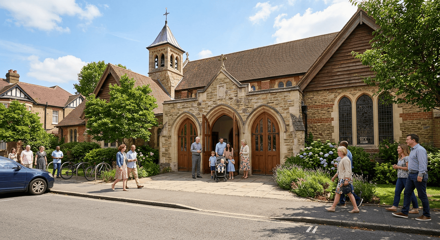 Inviting church exterior with visitors arriving on a sunny day