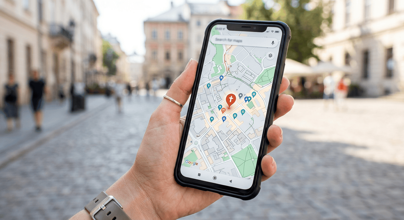 Church appearing in Google Maps local search results on smartphone