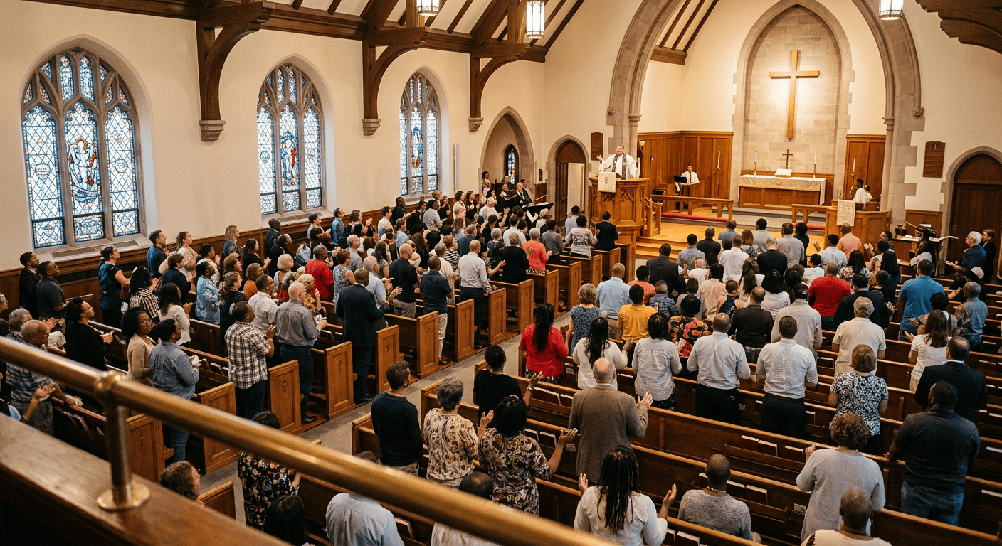 Full church congregation during Sunday morning service — the fruit of effective church SEO