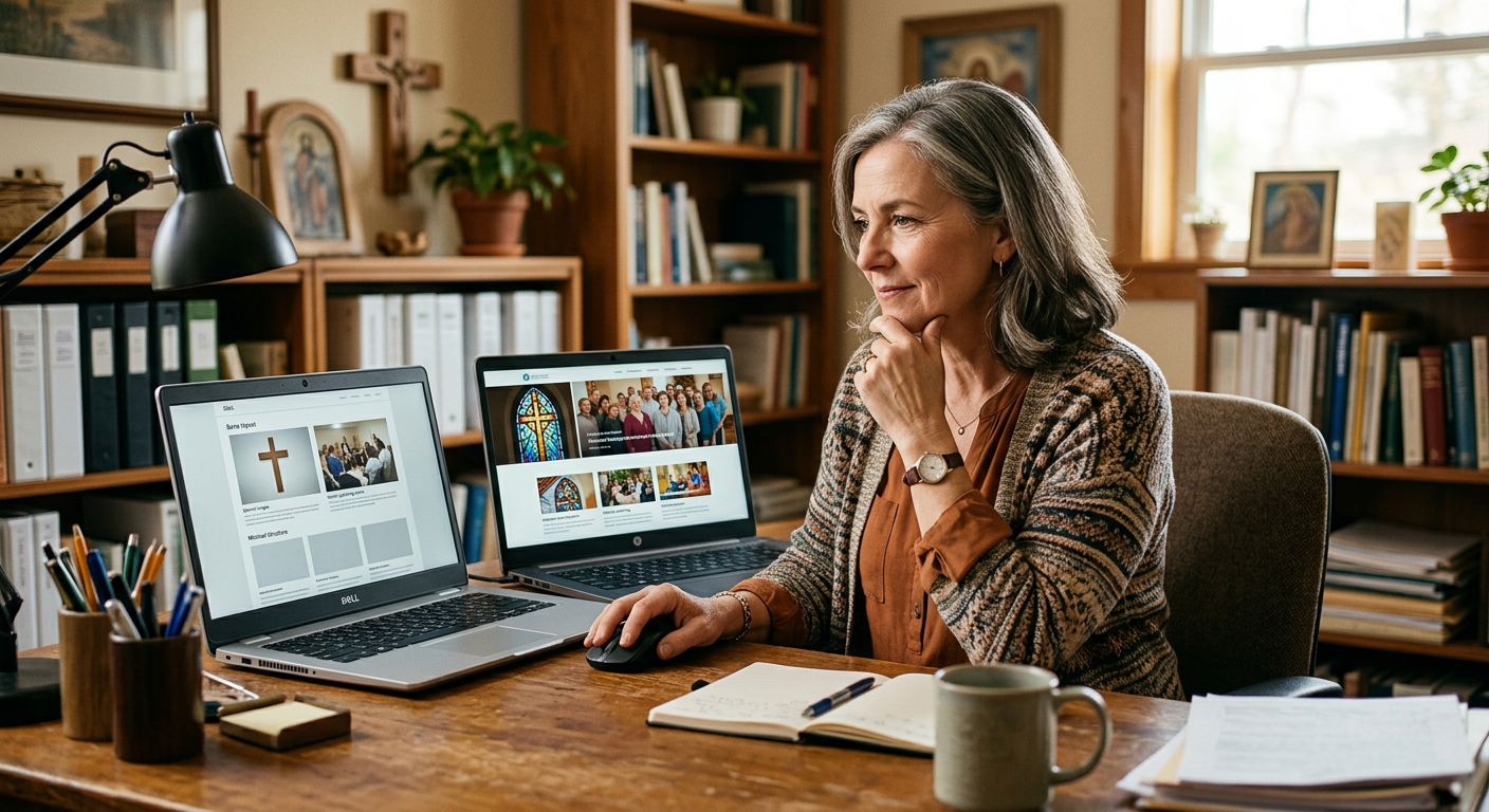 Church administrator comparing free and paid church website builder options on two screens