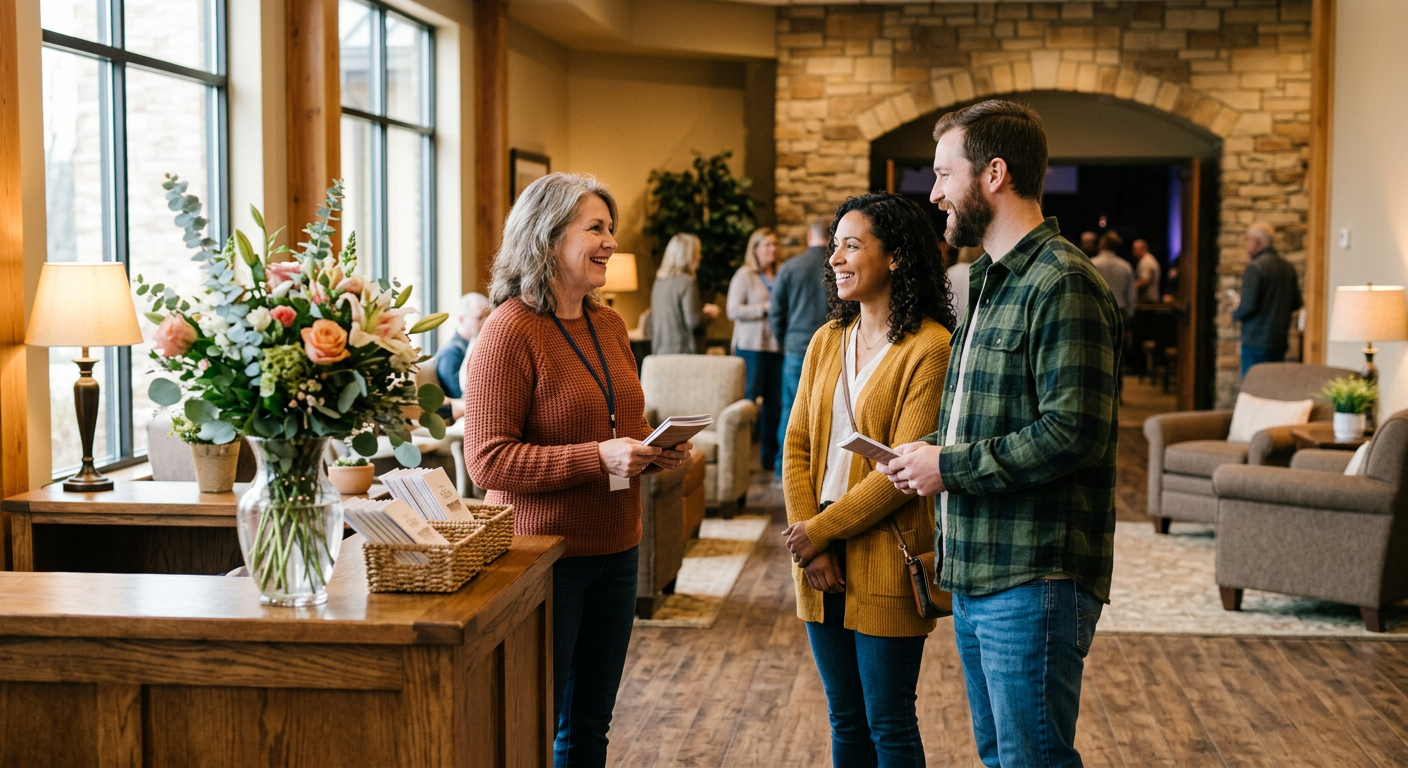 A friendly church greeter welcoming first-time visitors at the church entrance