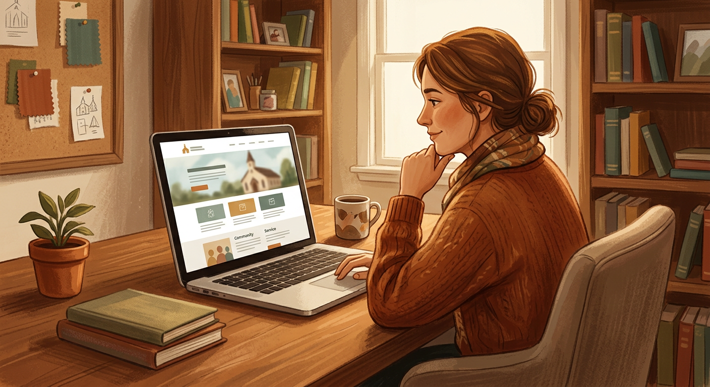 Person reviewing a church website on a laptop in a warm office setting