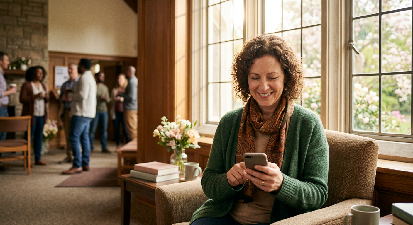 Church volunteer sending a warm follow-up message to Easter visitors on a Monday morning