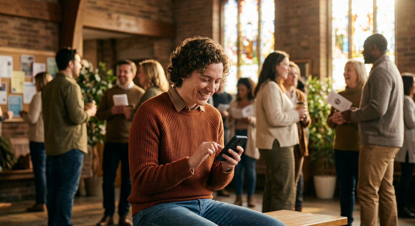 Church congregation member smiling at their phone in a sunny church lobby after Sunday service