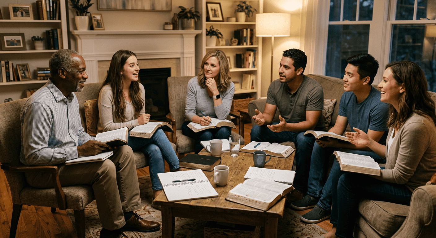 Small church community group meeting in a warm, welcoming home setting