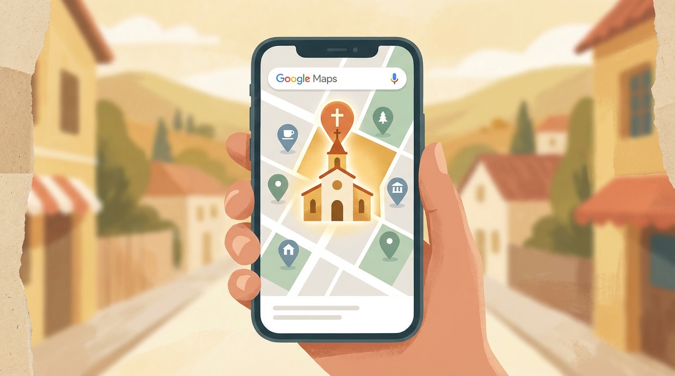 Google Maps showing a church location pin for local SEO search results