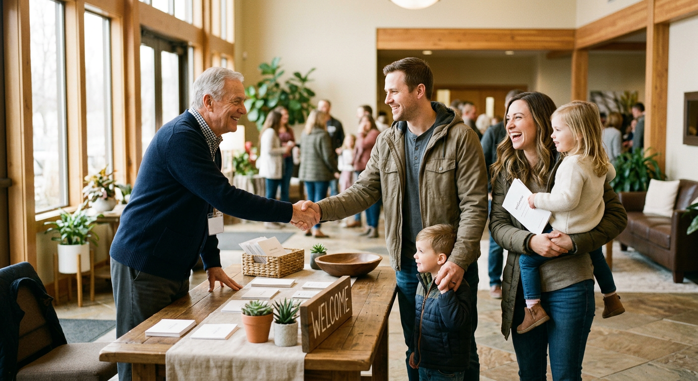 Friendly church welcome team greeting first-time visitors in a warm, well-lit church lobby