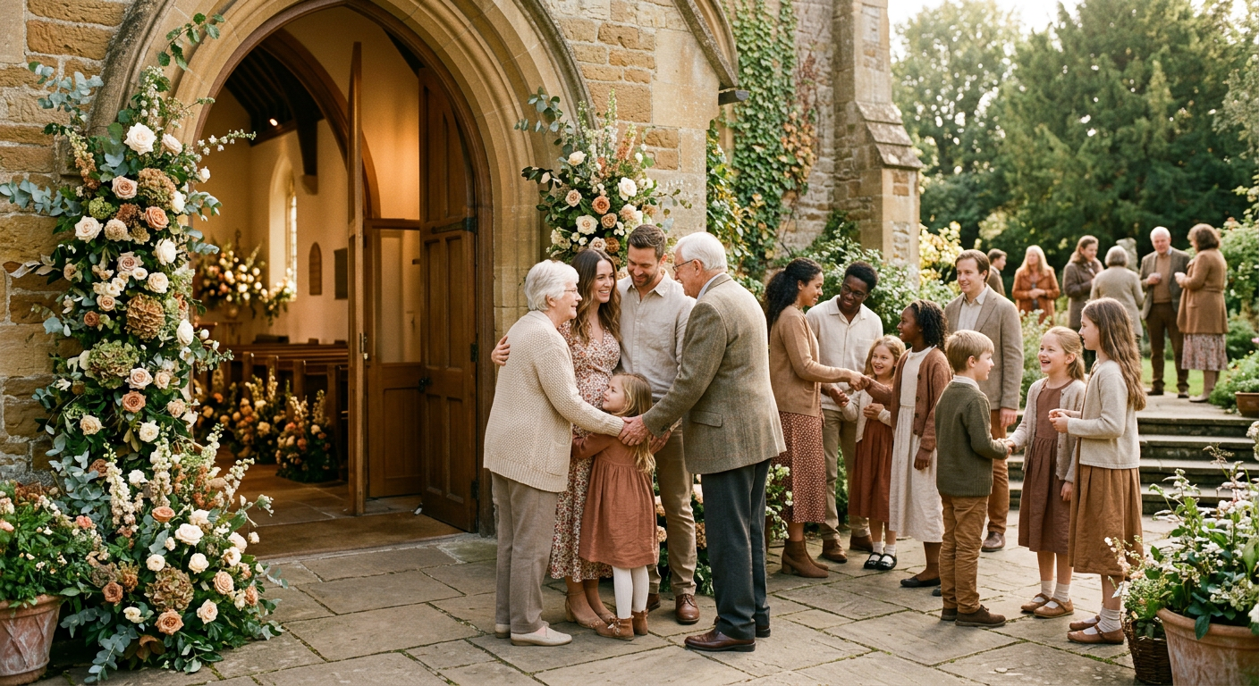 A welcoming church entrance decorated for a special Sunday celebration with families gathering