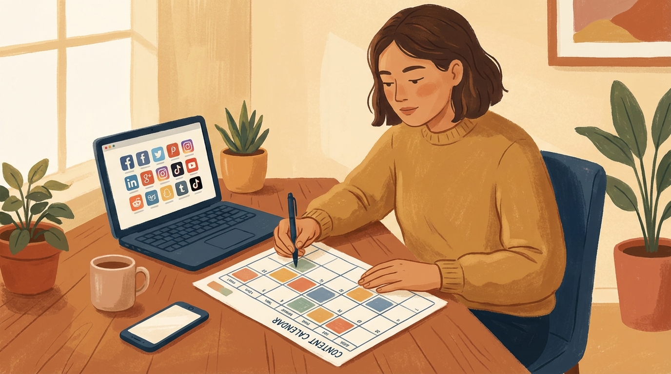 Person scheduling and executing a social media content plan