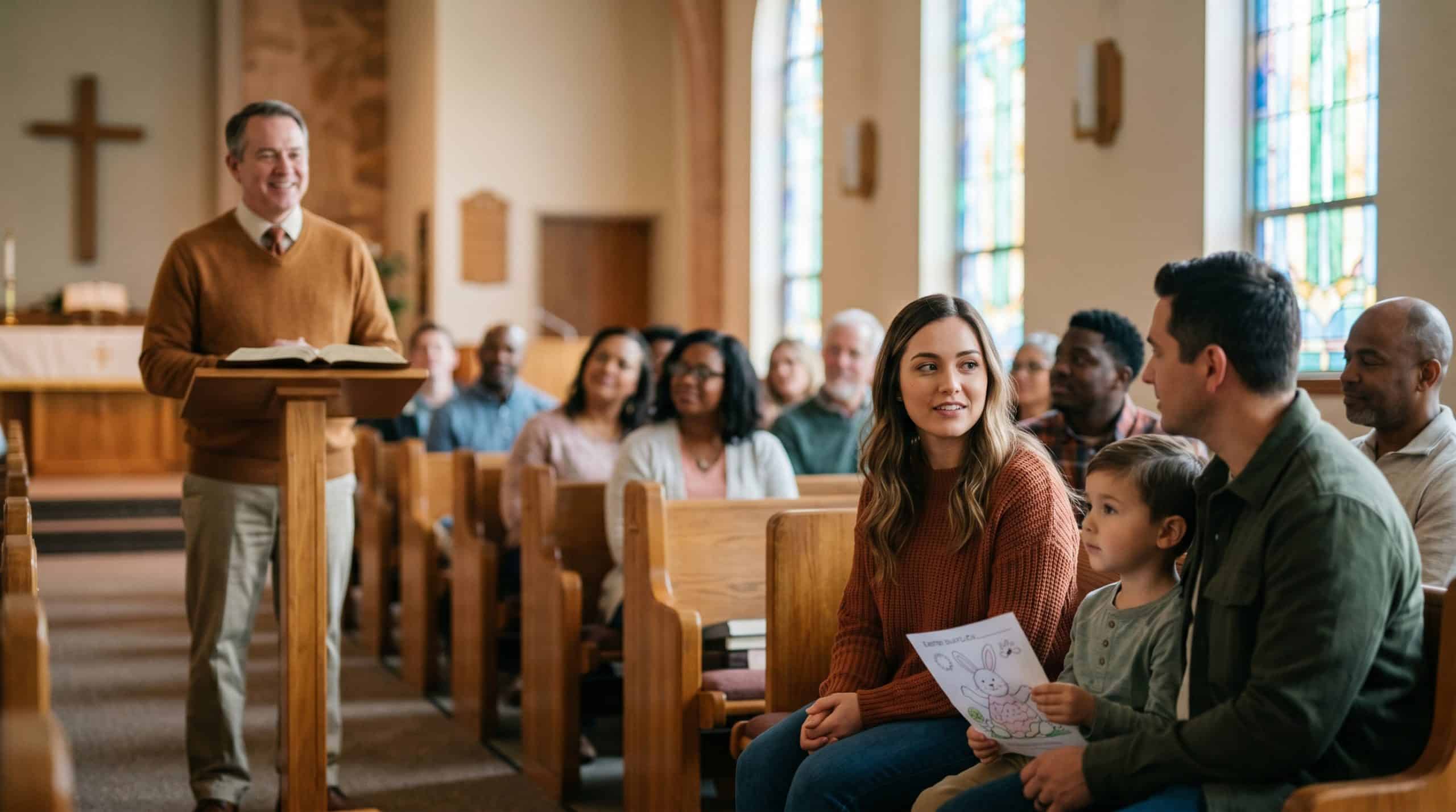 Pastor preaching to congregation in church pews