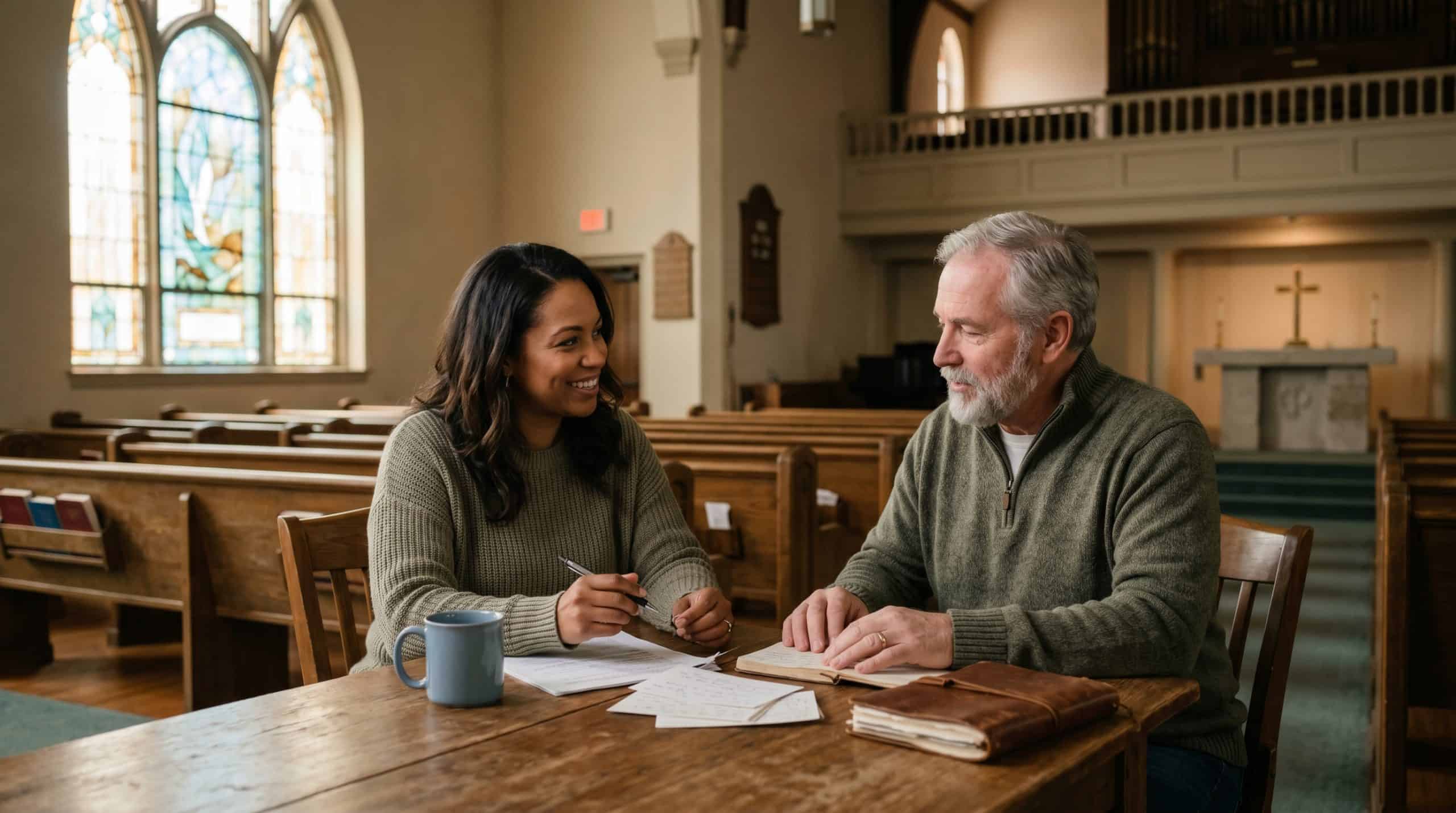 Two people talking at table inside church