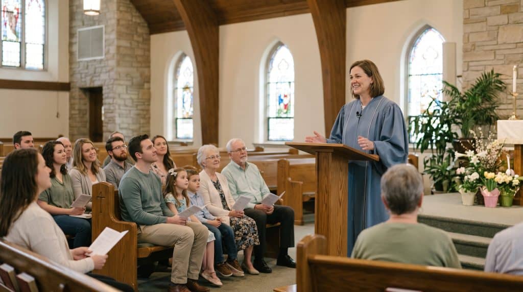 Woman speaking at church lectern to congregation