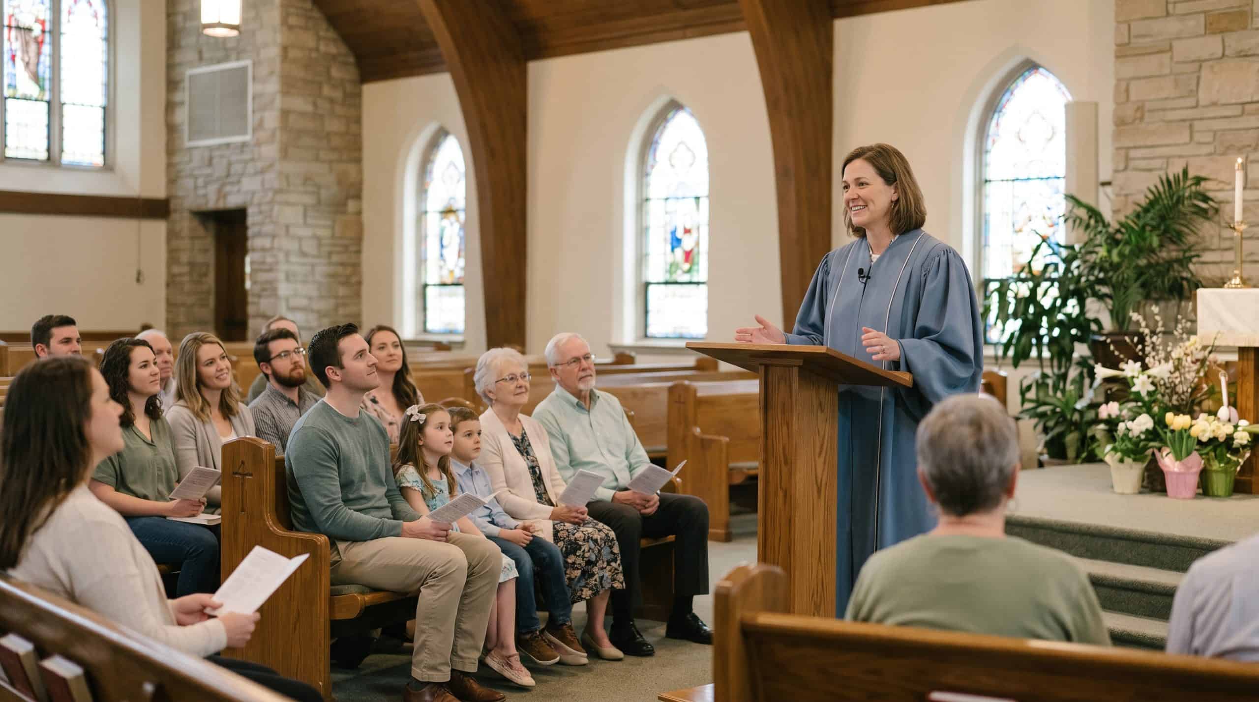 Woman speaking at church lectern to congregation