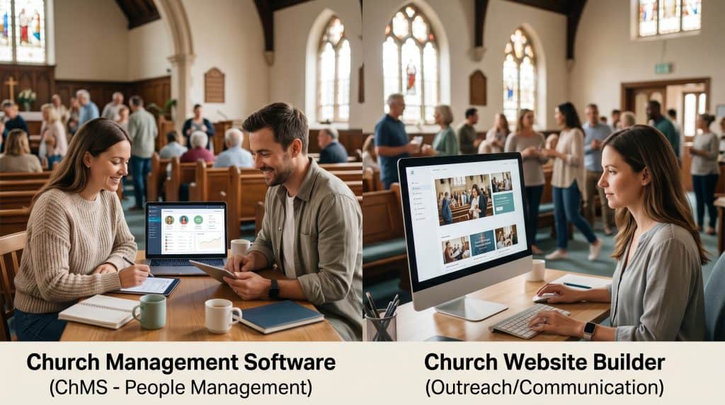 Church staff using management software and website builder