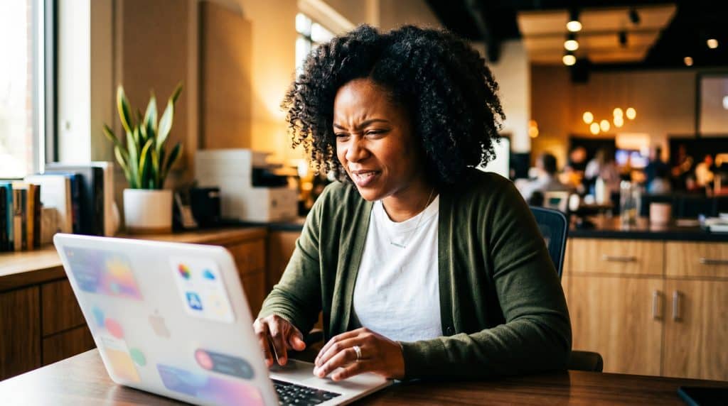Woman looking frustrated at laptop in cafe