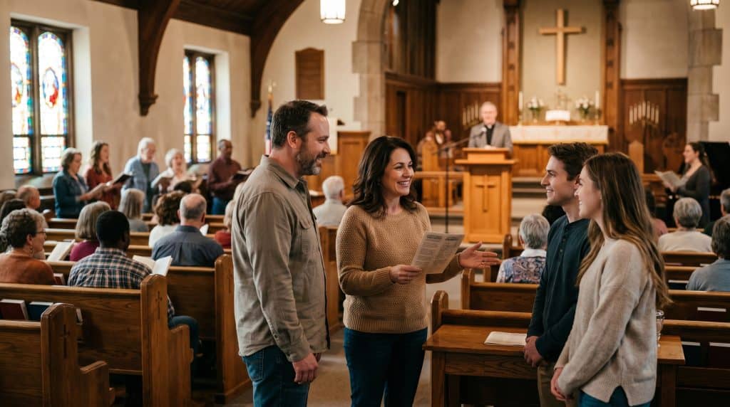Family greeting others inside church sanctuary
