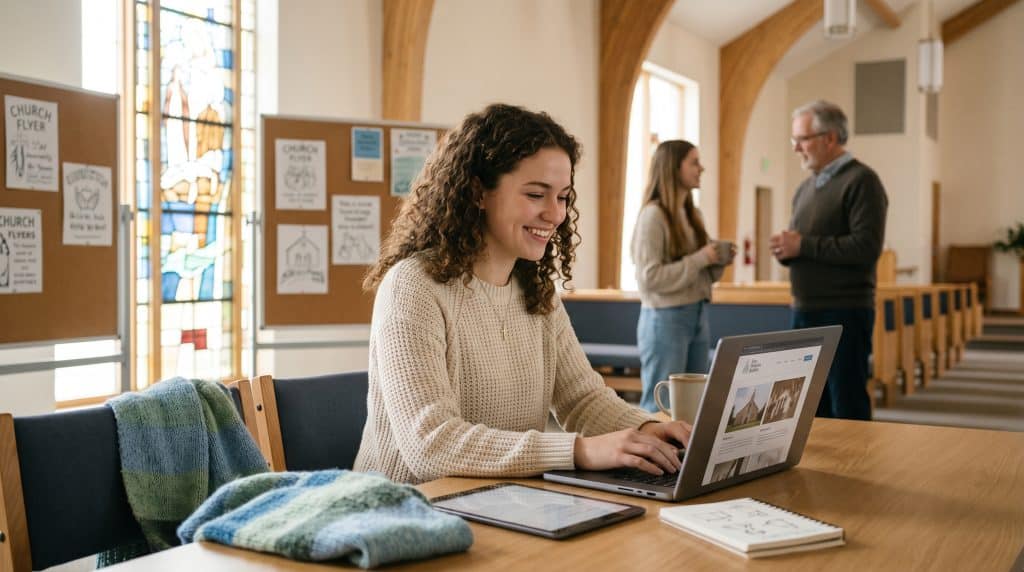 Woman working on laptop inside church hall