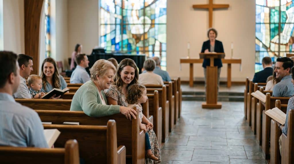 Families seated in church during Sunday service